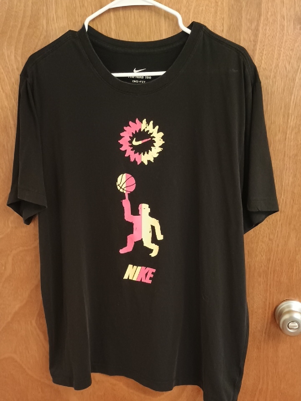 Nike Black Short-Sleeve Men's Drif-fit Tee with Pink and Yellow Graphic